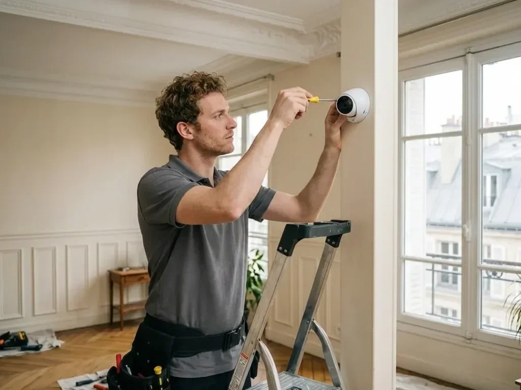 Technicien expert installant un détecteur de mouvement dans un appartement haussmannien à Paris.