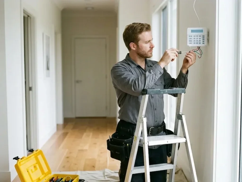 Technicien installant une alarme en Petite Couronne, couvrant les zones Hauts-de-Seine et Val-de-Marne.