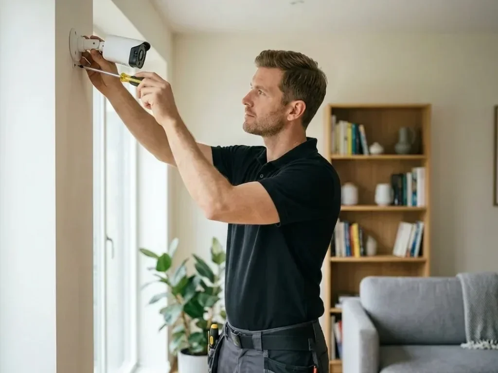 Technicien qualifié installant un détecteur de mouvement pour sécuriser une maison moderne connectée.