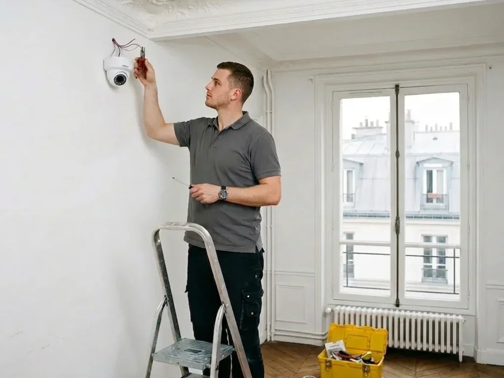 Un technicien installe un boîtier d'alarme dans un intérieur parisien, illustrant les prestations d'installation sécurisée.