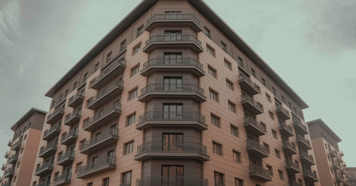 Vue d'angle d'un bâtiment résidentiel moderne avec balcons contre un ciel nuageux.